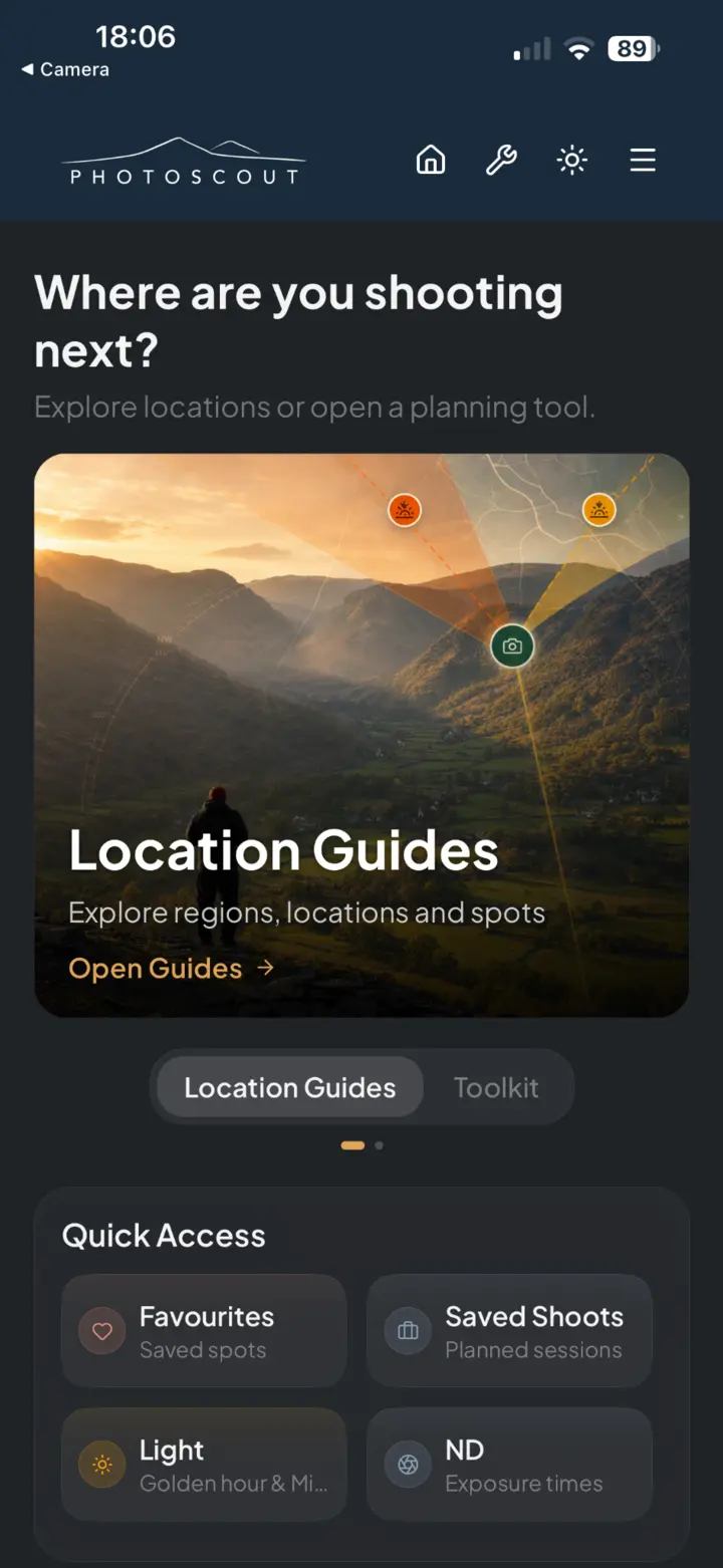 PhotoScout home screen showing location guides and quick-access photography tools