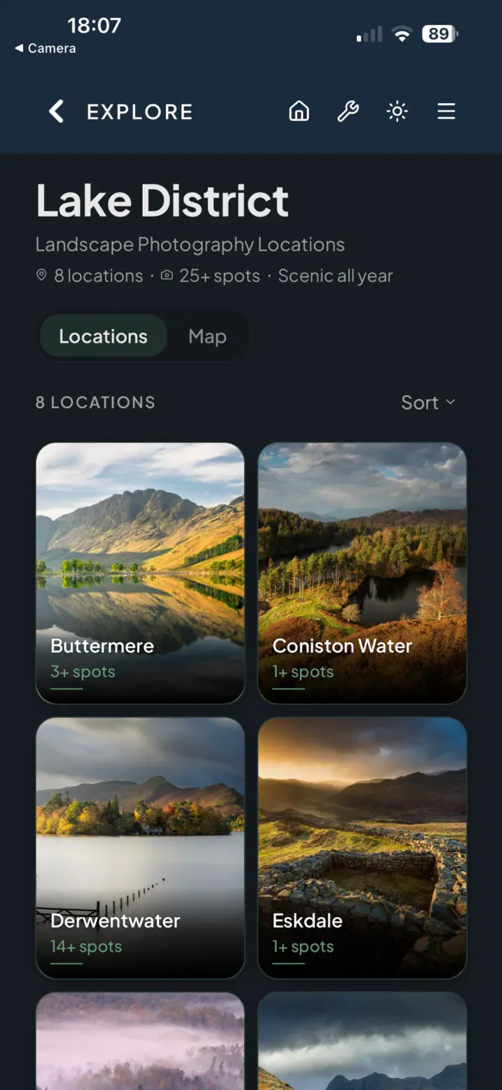 PhotoScout Lake District guide showing a grid of curated photography locations