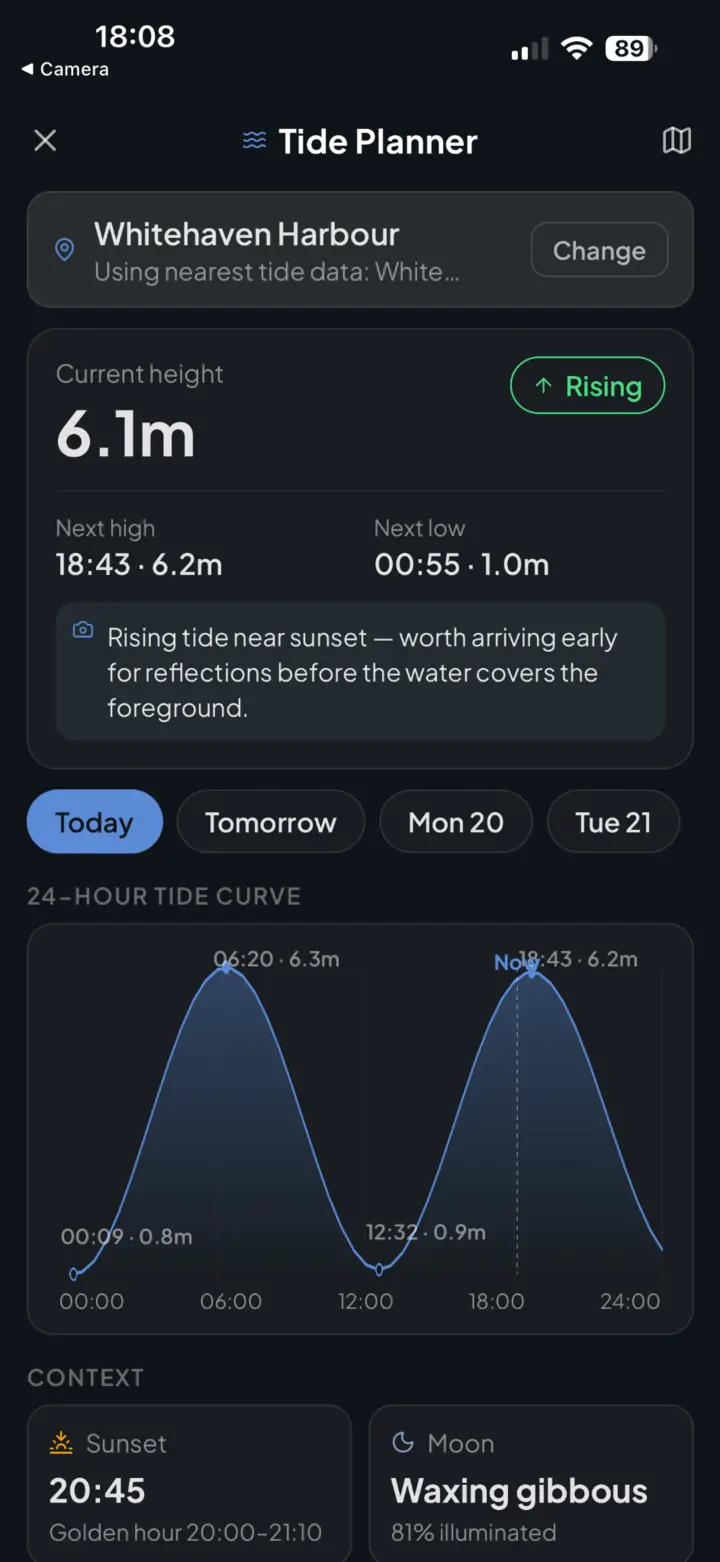 PhotoScout tide planner showing tide height, timing and photographic context