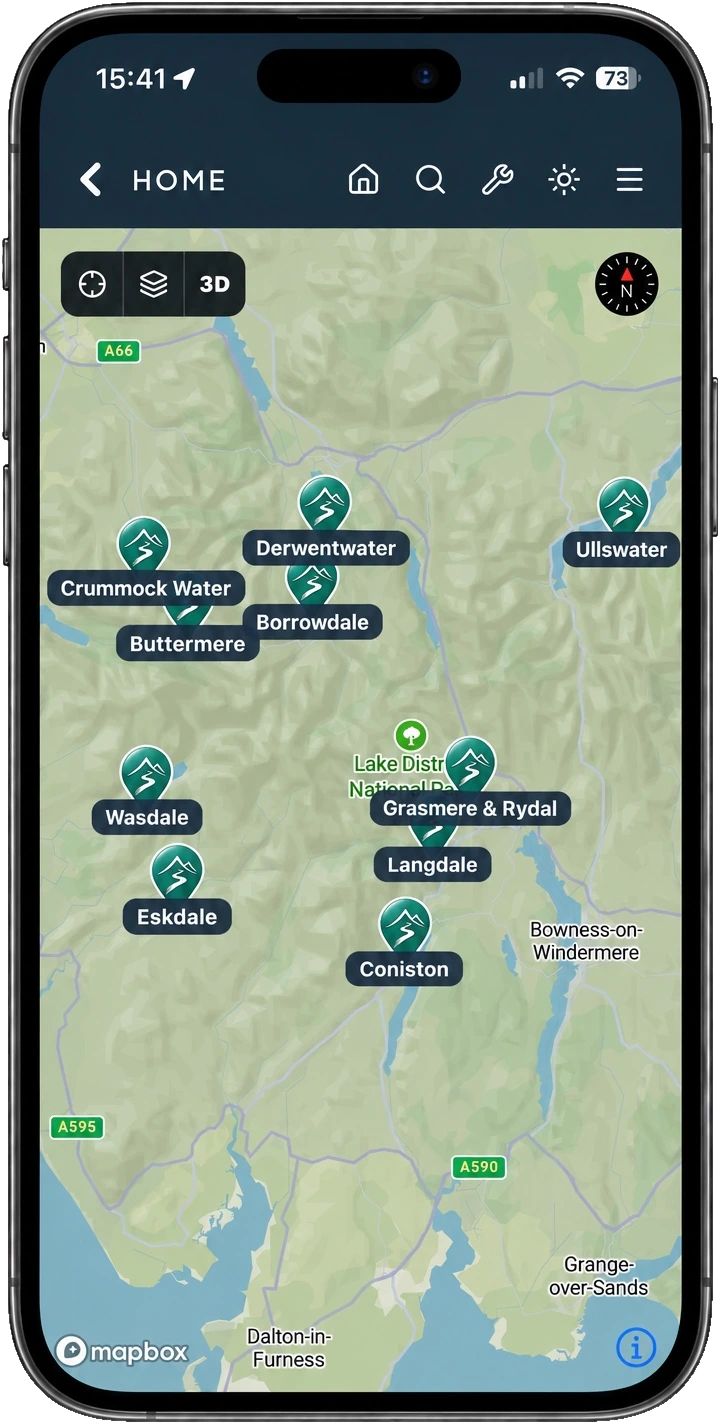 Photoscout map showing photography locations across the Lake District